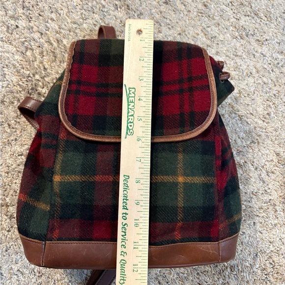 L.L. Bean Vintage Red and Green Plaid Backpack with Brown Leather - Picture 3 of 14